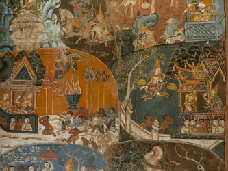 Boudhas senaste tio tidigare liv (Dasa Jakata) (detalj). Kambodja, andra hälften av 1700-talet. Måla