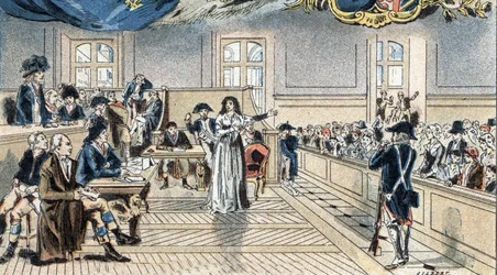 Marie Antoinette, drottning av Frankrike, inför domarna vid hennes rättegång den 14 oktober 1793.