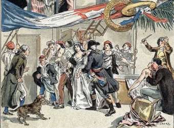 Gripandet av Charlotte Corday efter mordet på Jean-Paul Marat år 1793. Illustration av Camille Gilbert från 1890.