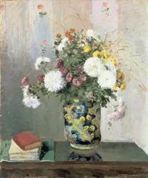 Bukett av blommor, krysantemum i en kinesisk vas