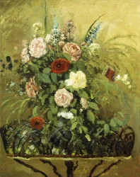 Bukett av blommor med en rustik trä Jardiniere; Bukett av blommor, med rustik trä plantering, c.1876