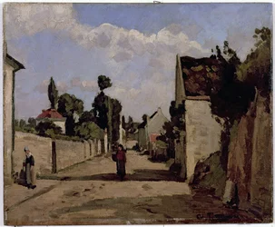 Rue de lHermitage, Pontoise, ca 1867 (olja på duk monterad på panel)