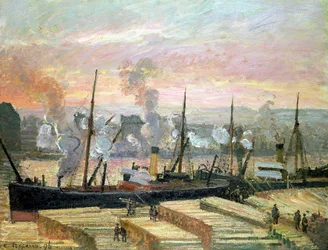 Solnedgång i Rouen, båtar som lossar trä, 1896