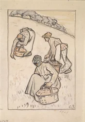 Kvinnor som renar gräset (penna och bläck med wc över kol på papper)