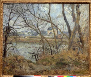 Banks of the Oise, nära Pontoise, grått väder. Målning av Camille Pissarro (1830-1903)