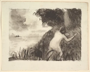 Badande som står bland gräs vid stranden, ca. 1894.