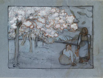 Kompositionsstudie av två kvinnliga bönder som samtalar i en fruktträdgård, c1894