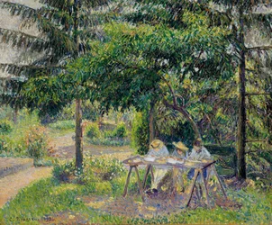 Barn vid bord i trädgården på Eragny - Målning av Camille Pissaro (1830-1903), olja på duk (58x71 cm)