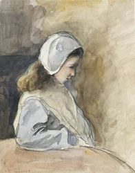 Jeanne-Rachel Pissarro sittande vid ett bord, c1872