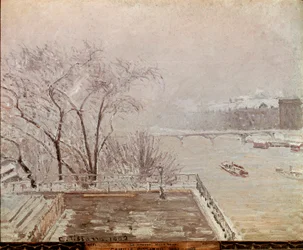 Morgon på Louvren, snöeffekt. Målning av Camille Pissarro (1830-1903) 1902. Olja på duk. Mått: 65x81cm. London, National Gallery