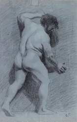 Studie av en manlig naken poserad mot en vägg sett i profil vänd åt höger, 1856-1860