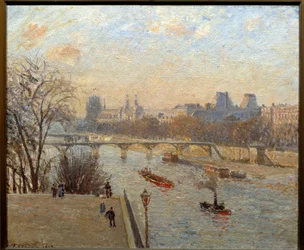 Louvren och Pont des Arts i Paris Målning av Camille Pissarro (1830-1903) 1800-talets Reims, Musee des Beaux Arts