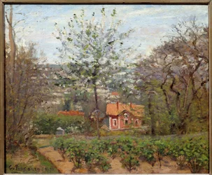 Stugan, det rosa huset; hjärtats flygande by. Målning av Camille Pissarro (1830-1903)