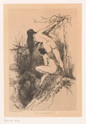 Två nakna kvinnor spanar på ett kyssande par - Blomsterflickorna (titel på föremålet)