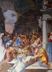 Lazarus uppståndelse, fresk av Camillo Boccaccino (1501-1546), Saint Sigismondos kyrka, Cremona, Lombardiet, Italien