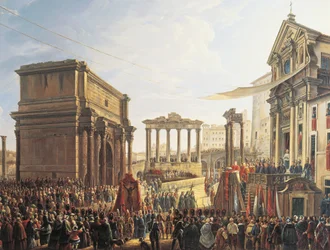 Påven Pius IX (1846-1878) håller predikan i Campo Vaccino, målning av Camillo Pacetti (1758-1826),