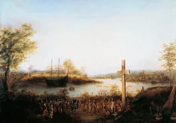 Jacques Cartier (1491-1557) reser korset vid Stadacona där staden Quebec nu ligger