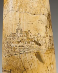 Pulverhorn, graverad med en karta över St. Lawrence River i området Quebec, ca 1759
