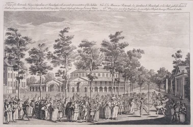 Utsikt över Rotundan, Ranelagh House, vid en bal för att fira födelsedagen för HRH, prinsen av Wales, 24 maj 1751, graverad av Parr