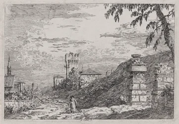 Landskap med torn och två förstörda pelare, från serien Vedute (Views)