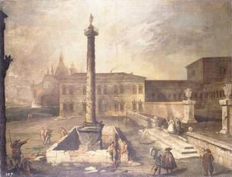 En Capriccio av en Piazza framför ett palats med Marcus Aurelius kolumn,