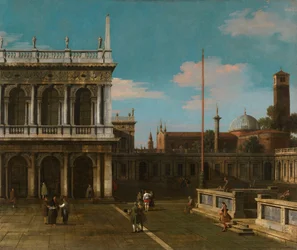 Canaletto - Capriccio Vy över Piazzetta med Libreria Signerad och daterad 1744