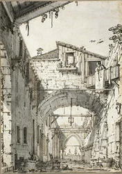 Capriccio: A Street Crossed by Arches (recto) Skisser av dörröppning, trappa och byggnadens andra våning (verso)