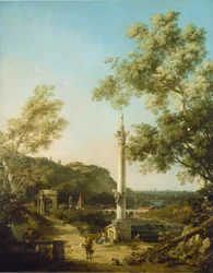 Engelsk landskap Capriccio med en kolumn, ca. 1754.