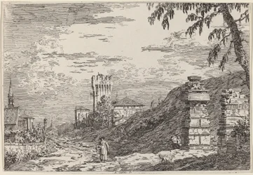 Landskap med torn och två förstörda pelare, ca. 17351746.