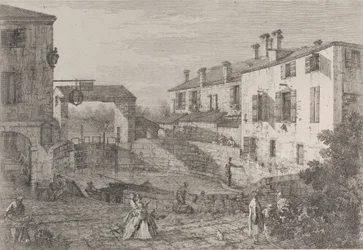 Dolos portar: den ovala bassängen vid slussarna i Dolo, med en pråm förtöjd vid kajen..., 1735-46.