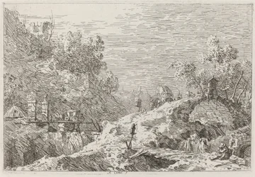 5つの橋のある山の風景[右下]、c。 17351746. スウェーデン語