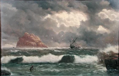 Stormig kustscen (olja ombord)
