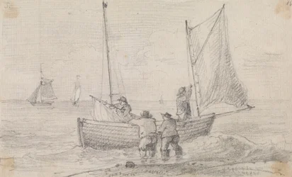 Skiss av en grupp som förbereder seglen nära stranden, Hastings