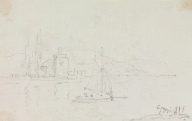Skiss av en segelbåt och en byggnad på stranden