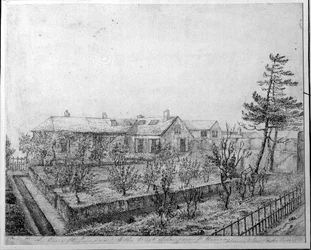 En utsikt över fruktträdgården väster om Longwood House på ön St. Helena, ca 1821