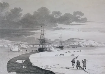 Cutting into Winter Island, oktober 1821, från Journal of a Second Voyage for the Discovery of a North West Passage from the Atlantic to the Pacific framförd under åren 1821-22-23, av William Edwar