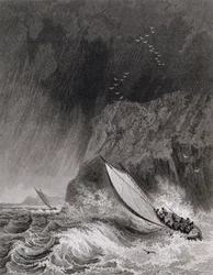 Båtarna utanför Walden Island i en snöstorm, 12 augusti 1827, från Journal of a Third Voyage for the Discovery of a North West Passage från Atlanten till Stilla havet utfördes under åren 1824-25