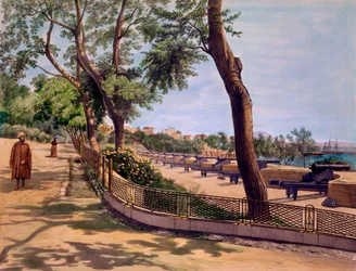 Victoria-batteriet, Gibraltar, tryck gjort av TC Dibdin, från "Select Views of the Rock and Fortress of Gibraltar", publicerad 1846