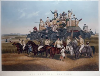 Hog Hunting: The Find, graverad och pub. av Mrs Fores, c.1840 (färgad gravyr)