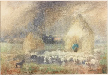 Stormen, herden som skyddas av en höstack (akvarell på papper (klistrad på kartong))