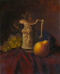 Stilleben med ewer och frukt.