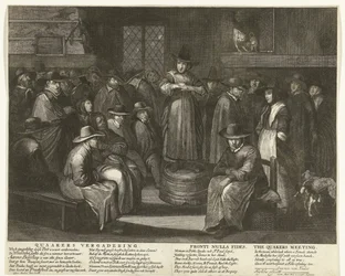 Tecknad film om de engelska kväkarna, ca 1656 Quaaker Meeting / Fronti Nulla Fides / The Quakers Meeting (titel på objekt)