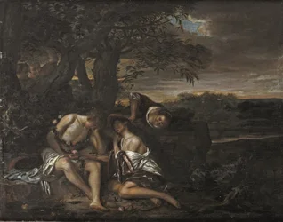 Ett sovande par, upptäckt av tre kvinnor i ett arkadiskt landskap (olja på panel)