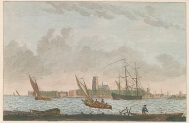 Dordrecht från Merwede, ca 1790 Dordrecht van de Merwe på displayen / La ville Dordrecht - prize du coté dela riviere dite la Merwe (titel på objekt)