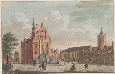 Marknad och rådhus i Schiedam, ca 1790 Marknaden och stadshuset i Schiedam / Marché et hotel de ville à Schiedam (titel på objektet)