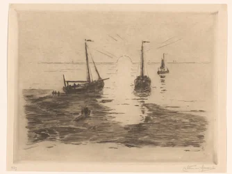Havslandskap med segelbåtar och solnedgång Solnedgång (titel på objekt)