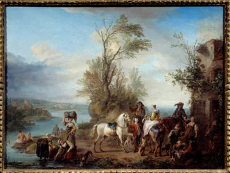 Gå på jakt efter Lavandieres och simma på stranden av en flod. Målning av Carel van Falens (1683-1733) 1726 sön. 0,45x0,6 m