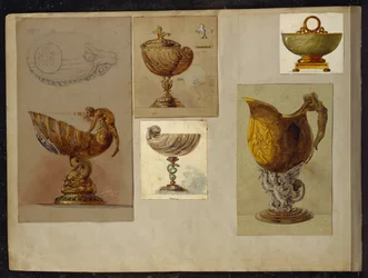 Urval av mönster, House of Carl Faberge (penna och akvarell förhöjda med vitt och guld på kort)