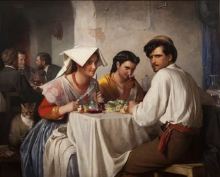Dansk:  Fra et romersk osteria I en romersk osteria