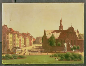 Slottstorget och Holmens Kirke, från ett fönster på Christiansborg slott, i Köpenhamn, 1866